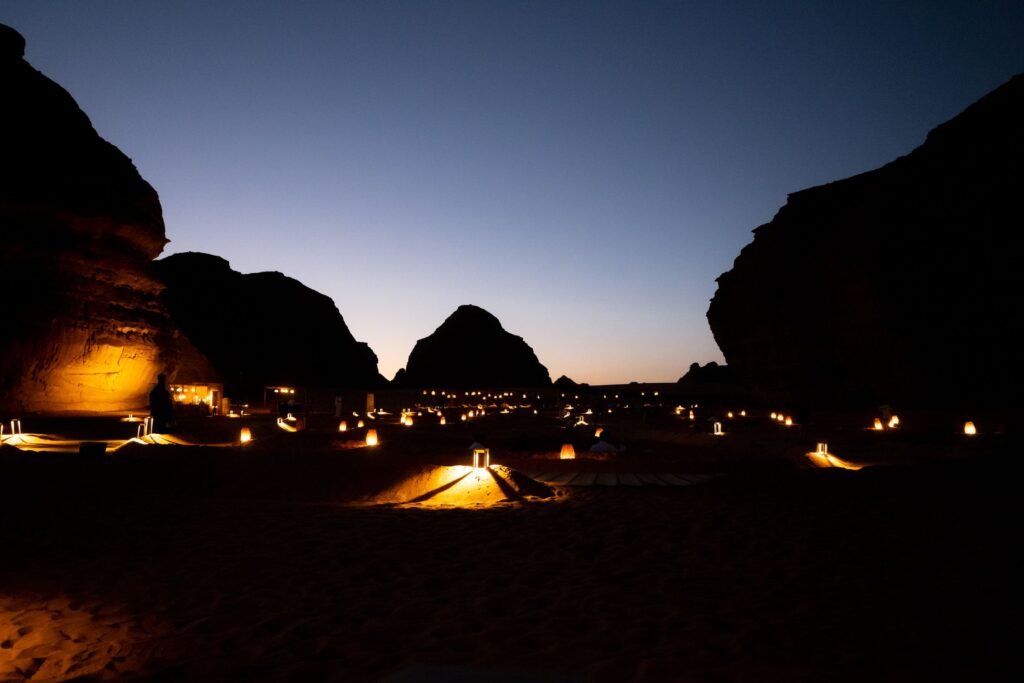 Lanterns set out across the desert floor in AlUla