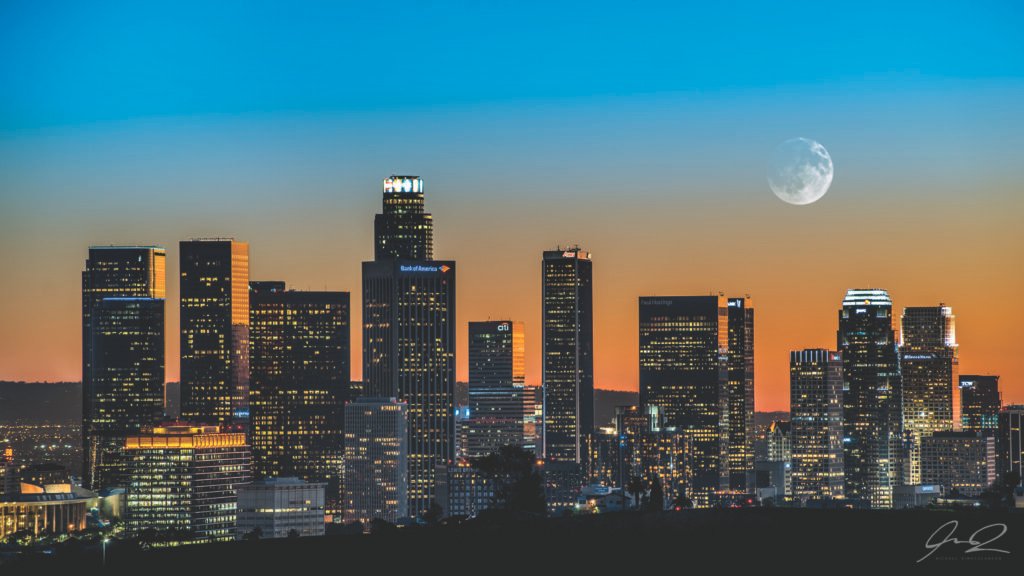 The Los Angeles skyline at golden hour