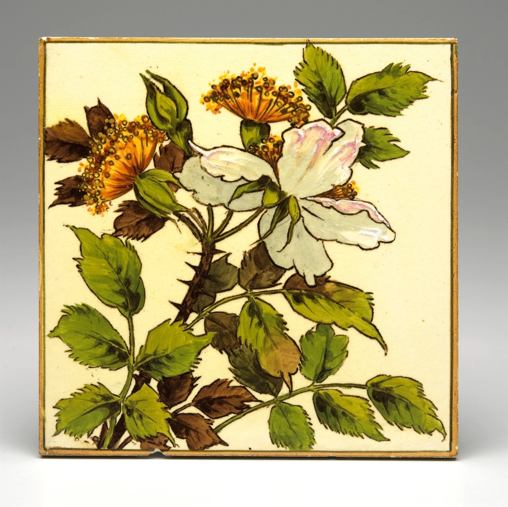 Close-up of glazed ceramic tiles painted with a repeating pattern