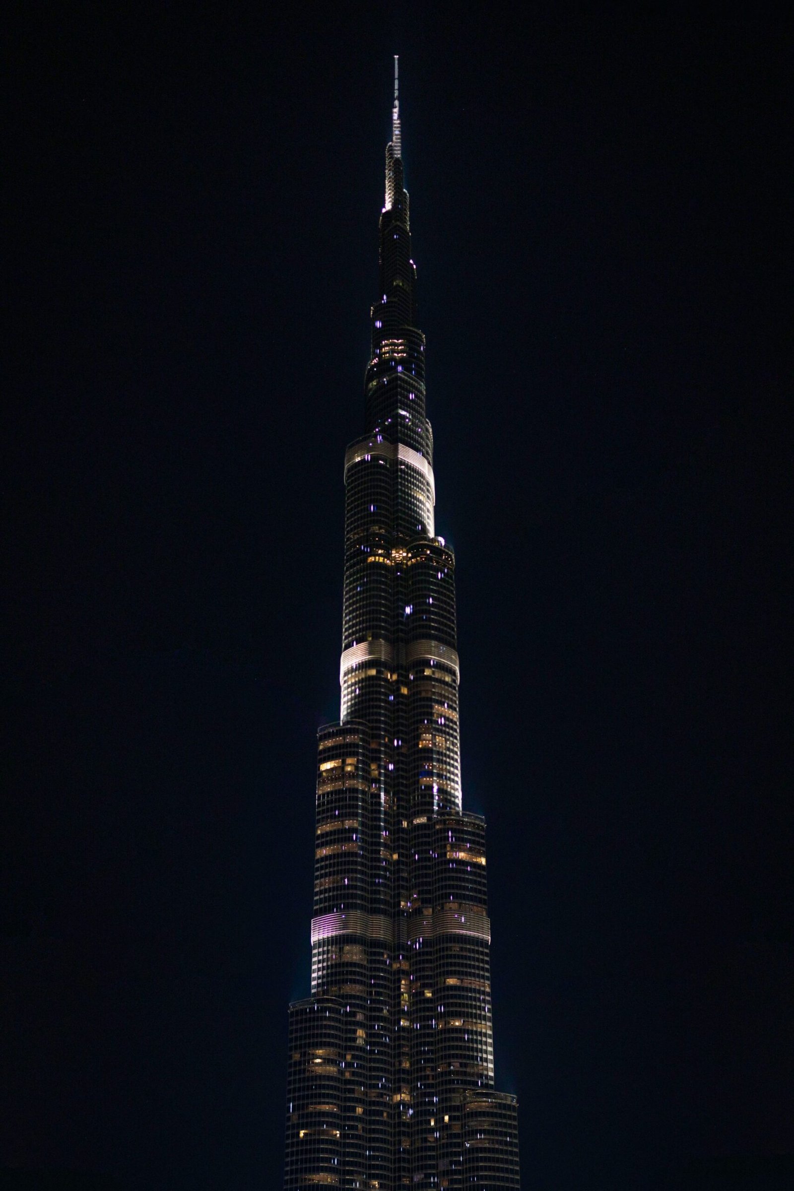 Downtown Dubai at night with the Burj Khalifa lit up
