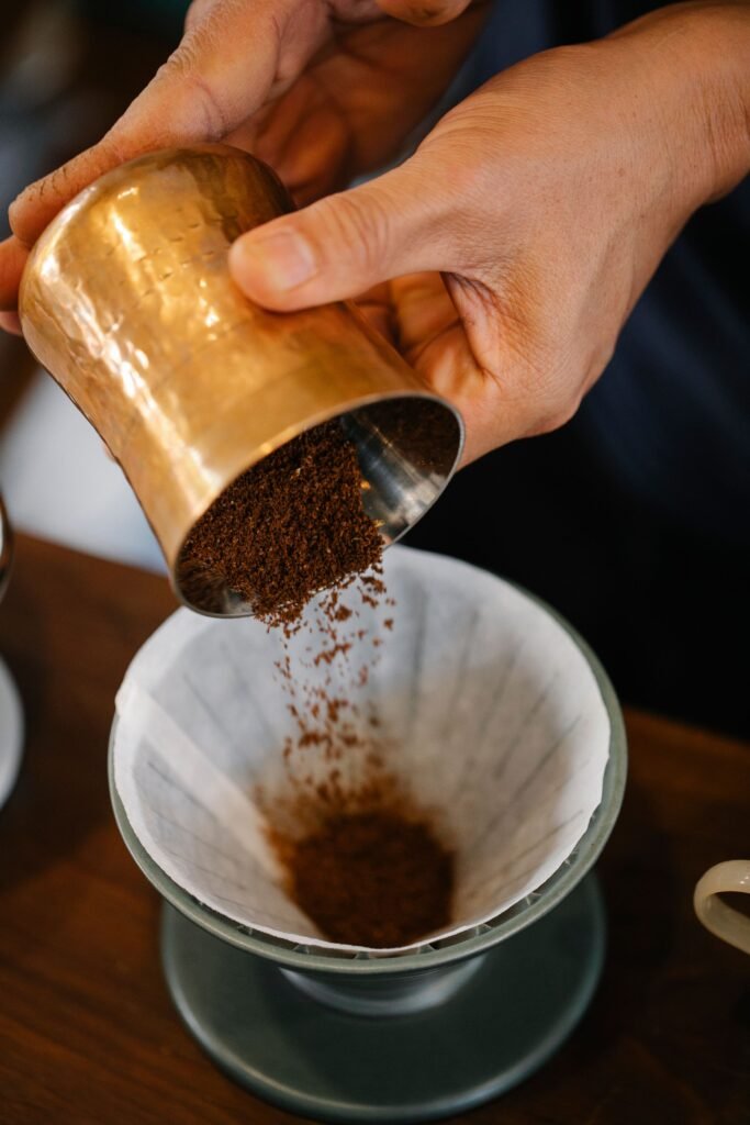 A pour-over coffee brewing on a scale