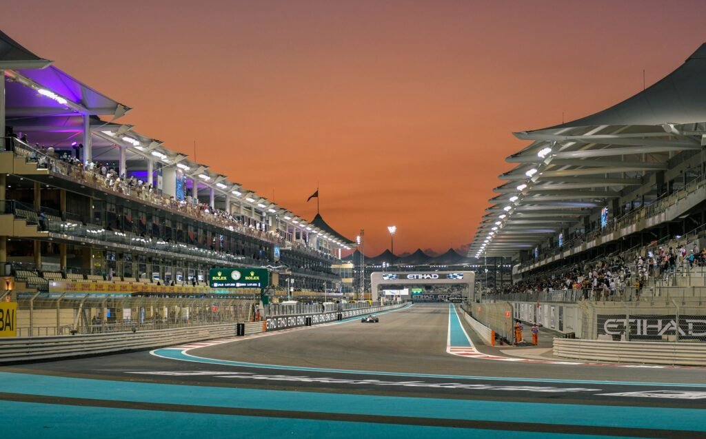 Yachts moored at Yas Marina in Abu Dhabi at twilight