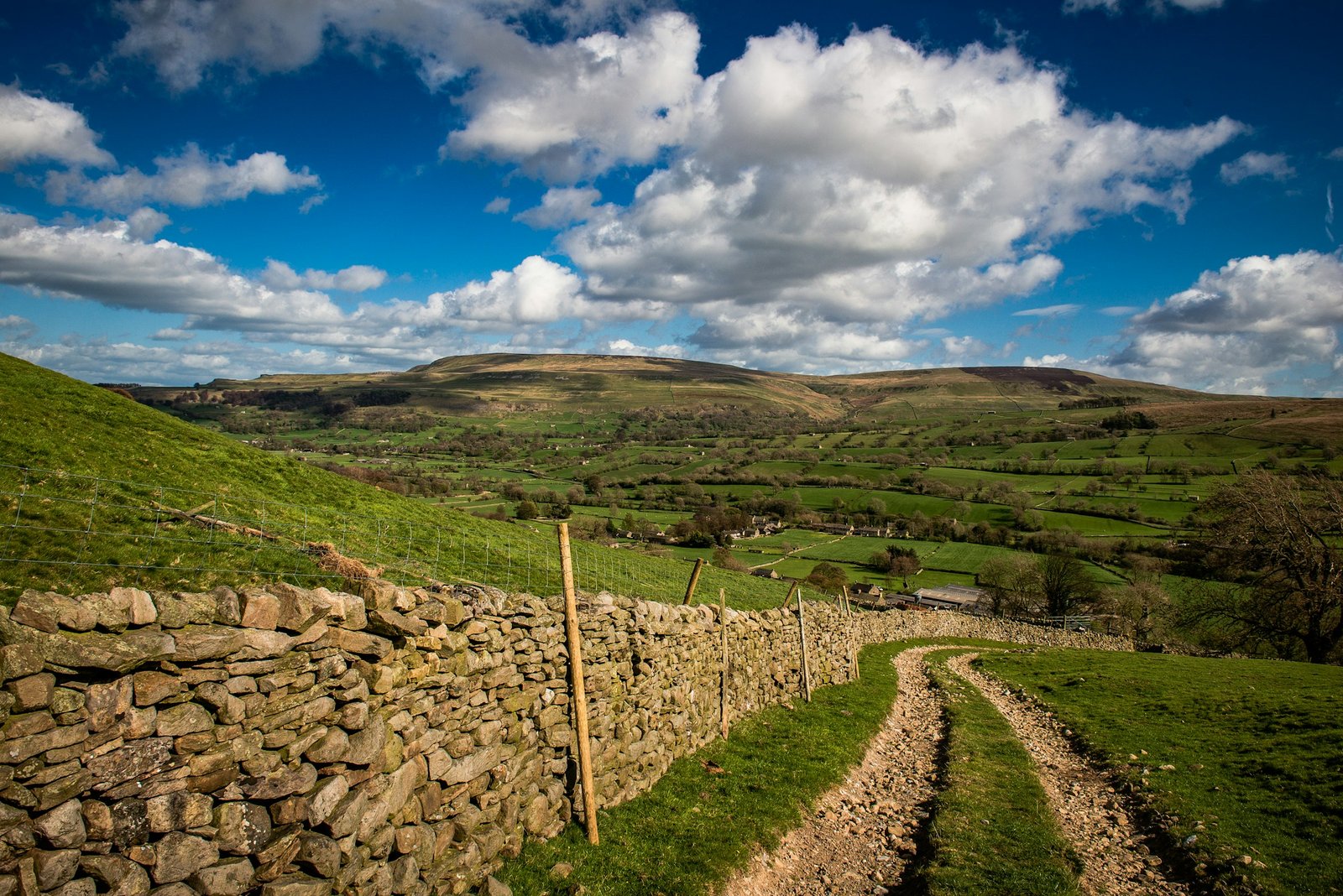 A dry-stone wall winding across green hills