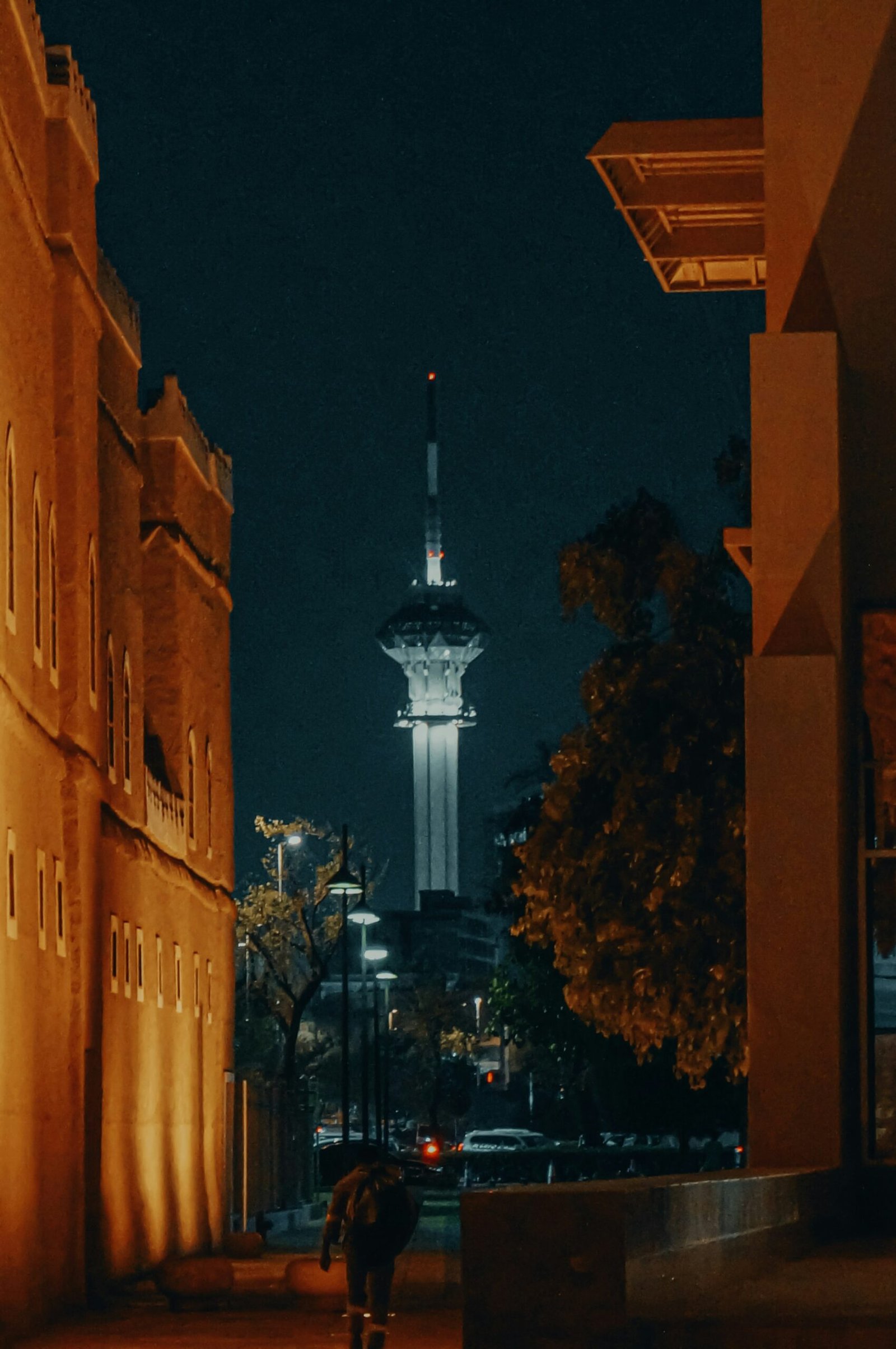 The Riyadh skyline at night, with the Kingdom Centre tower lit up
