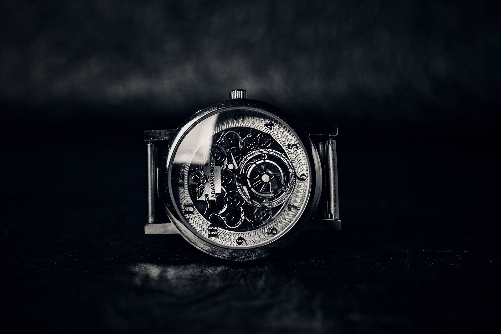 Close-up of a skeletonised mechanical watch movement