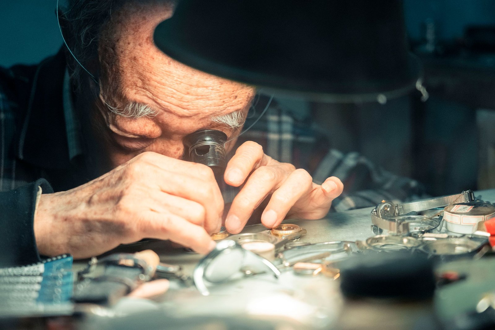 A senior watchmaker examining wristwatches through a loupe under a work lamp