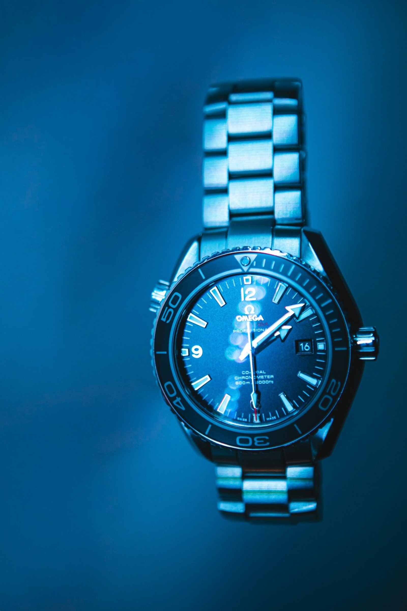 A blue-dialled Omega Planet Ocean, close up