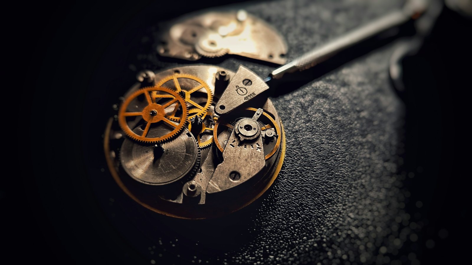 A watch movement under a watchmaker’s tweezers